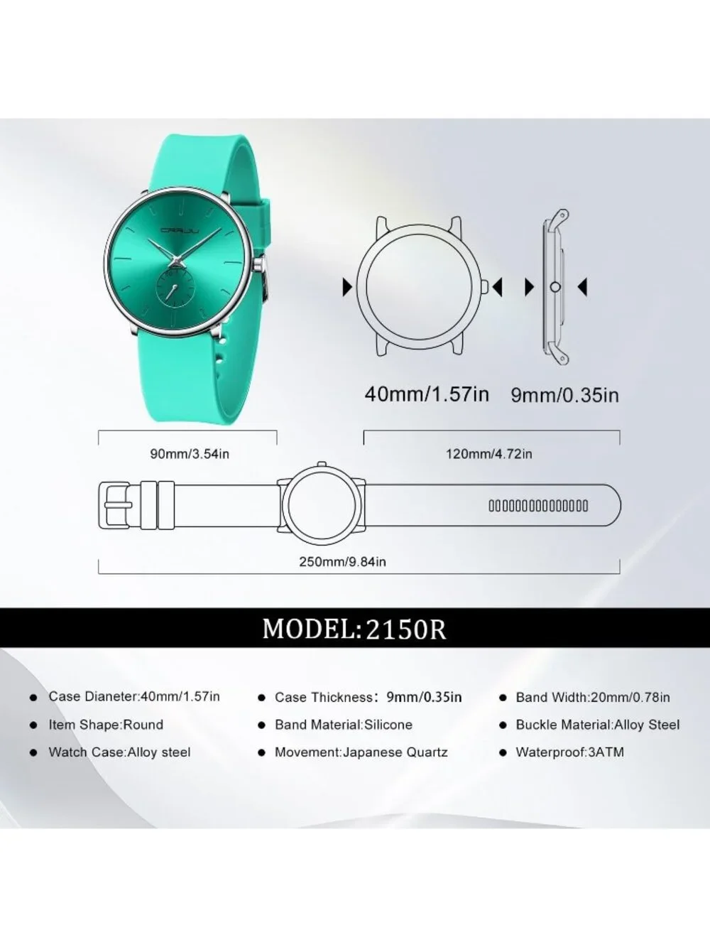 Crrju Men's Light Green Waterproof Quartz Unisex Ultra Silicone Band Round Watch - Picture 4 of 6